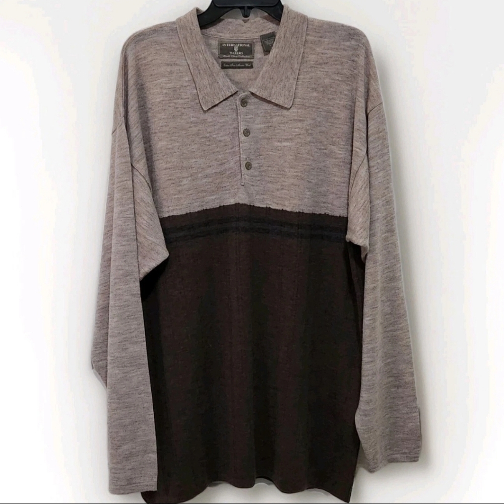 International Waters Mens L 100% Merino Wool Oversized Polo Sweater Quiet Luxury